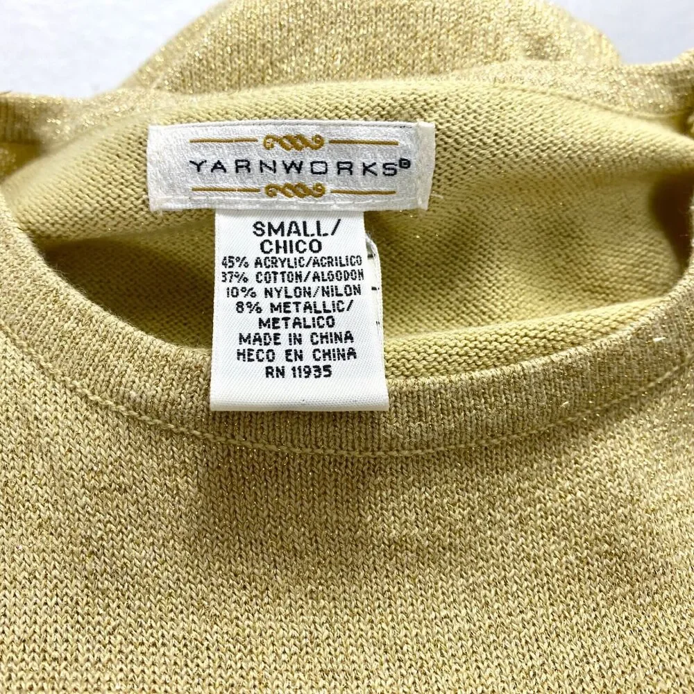 Vintage Y2K Yarnworks Gold Metallic Sweater Small Knit Short Sleeve Pullover
